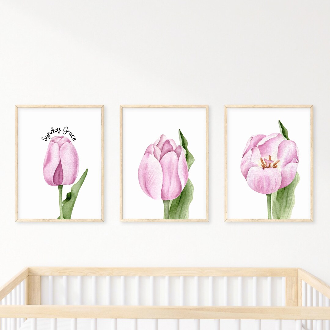 Personalized Pink Tulip Nursery Wall Art Set of 3 Prints, Pink Tulip ...