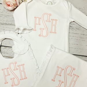 Embroidered personalized newborn girl&#39;s monogrammed coming home outfit, baby monogrammed coming home set, monogrammed baby ruffle gown, bib