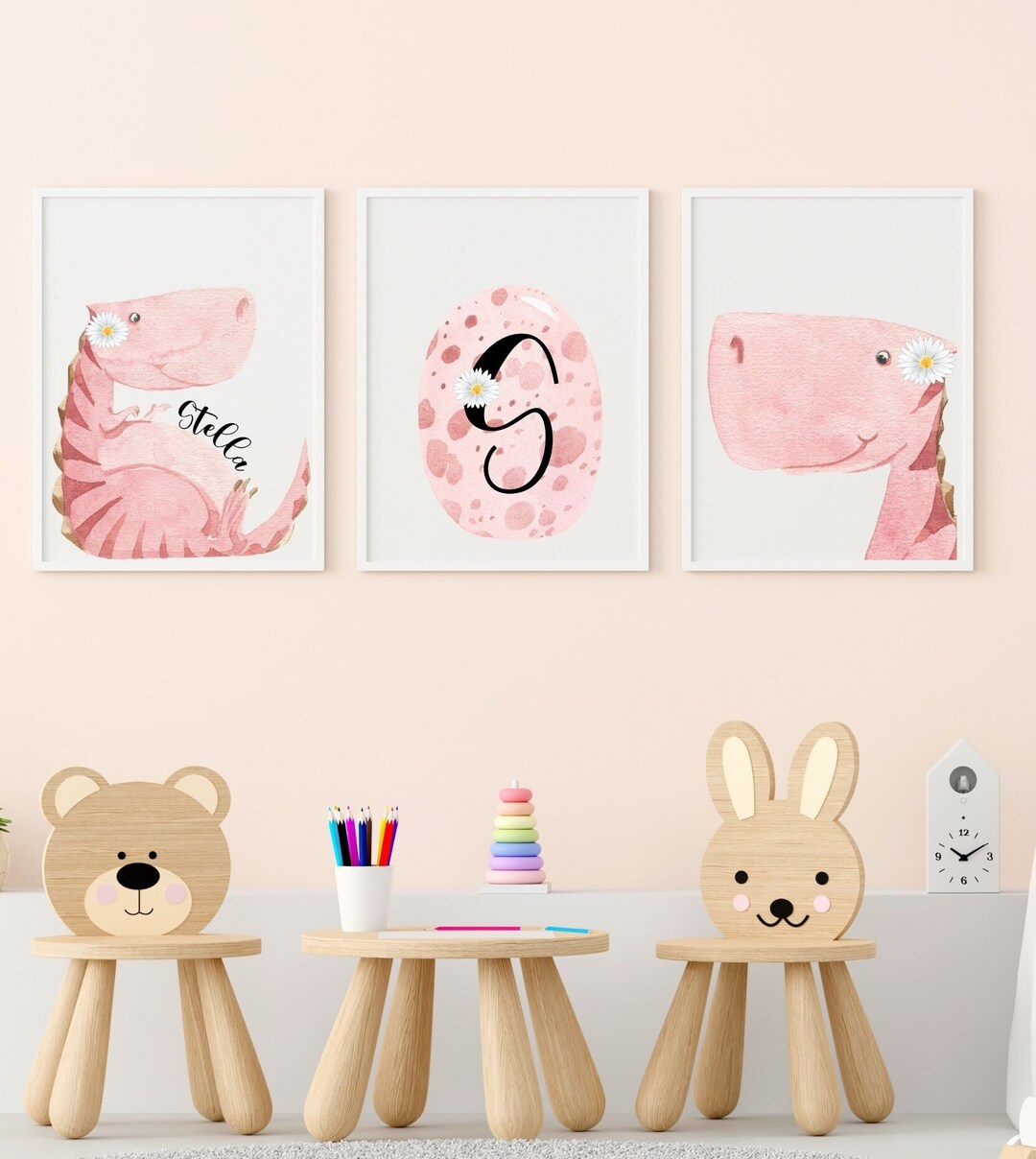 Personalized Pink Dinosaur Wall Art Set of 3 Prints, Dinosaur Nursery ...