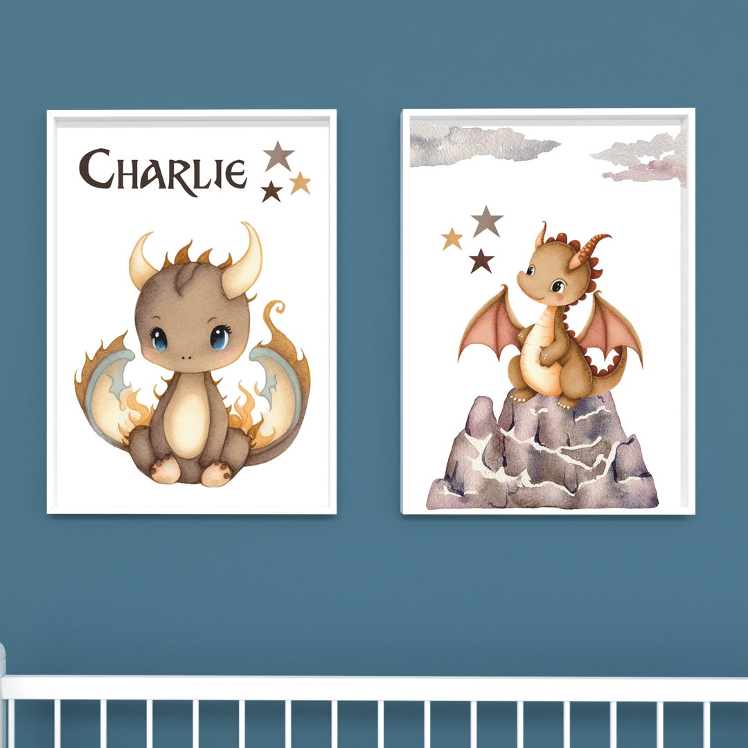 Personalized Dragon Wall Art Set of 2 Prints, Personalized Nursery Wall