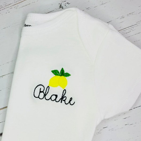 Embroidered Personalized lemons baby bodysuit, personalized lemon baby bodysuit, personalized bodysuit,  fruit baby, embroidered bodysuit