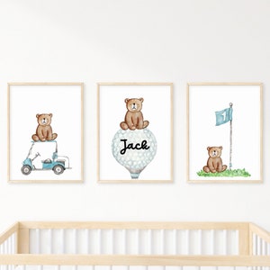 Personalized Golf wall art set of 3 prints, custom personalized woodland bear golf wall art set, nursery name sign, kids name sign, decor