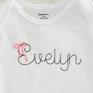 Embroidered Personalized Coquette Bow baby name bodysuit, Personalized bodysuit with pink bow for baby girl, custom baby name bodysuit