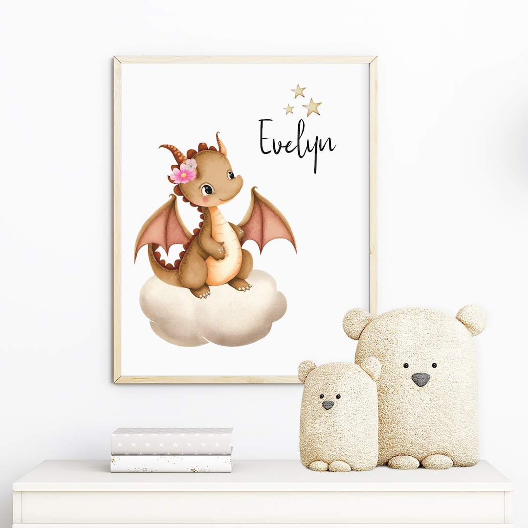 Personalized Floral Dragon Nursery Wall Art Print, Custom Dragon ...
