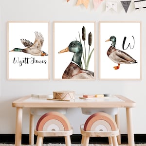 Personalized Watercolor Duck set of 3 wall art prints, Duck nursery wall art set, Duck wall art, Mallard wall art, Kids wall art, Duck art