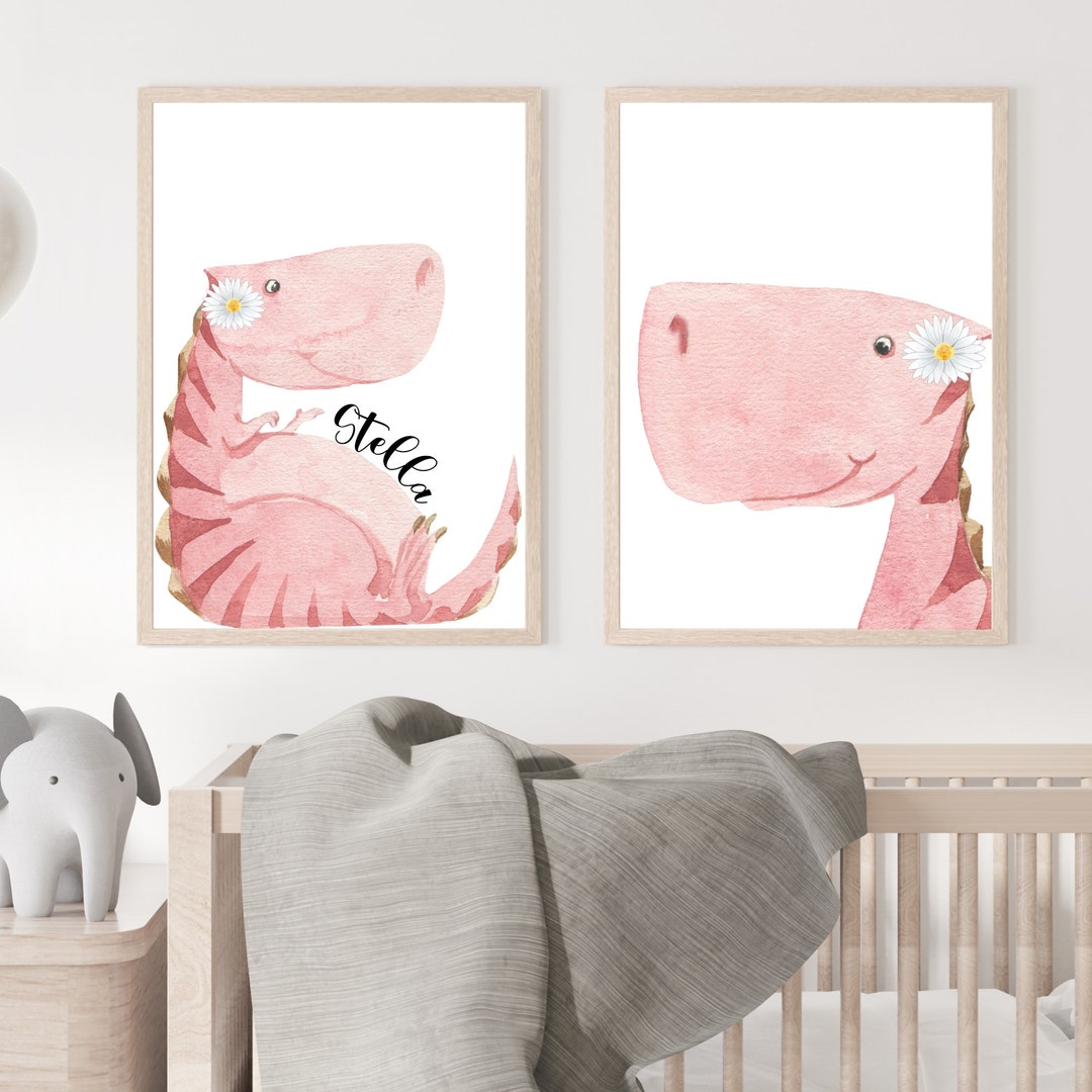 Personalized Pink Dinosaur Wall Art Set of 2 Prints Etsy
