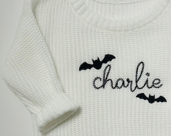 Personalized baby or Toddler Embroidered Halloween sweater, spooky bat baby sweater, custom baby name sweater, personalized sweater