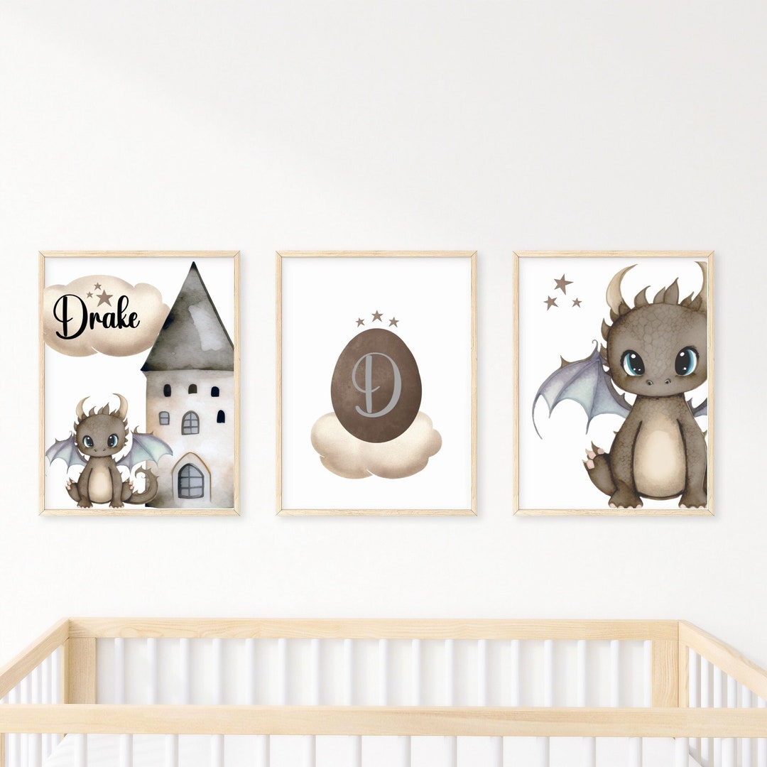 Personalized Dragon Watercolor Wall Art Set of 3 Prints, Personalized ...