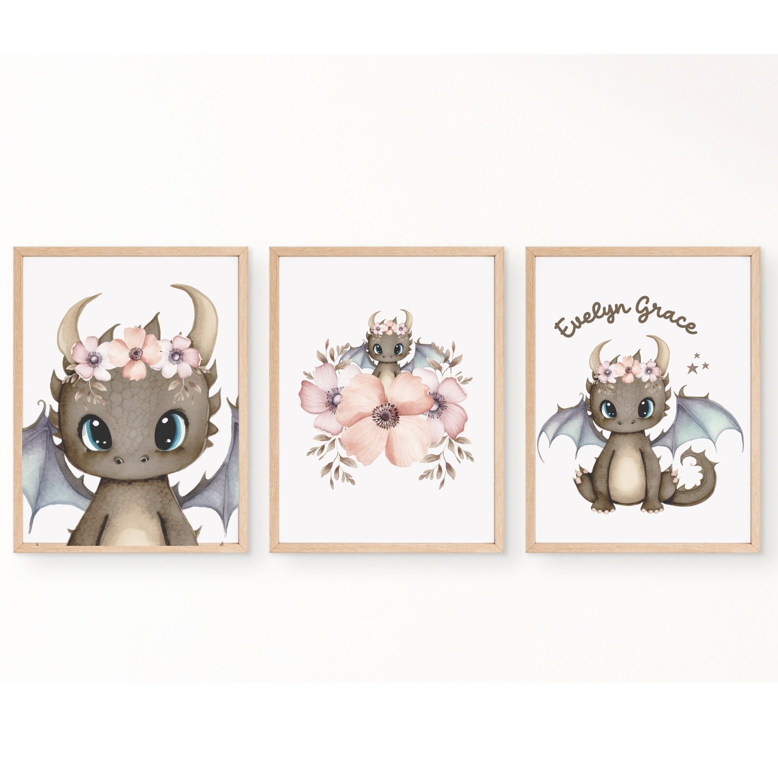 Personalized Pink Floral Dragon Watercolor Wall Art Set of 3 Prints ...