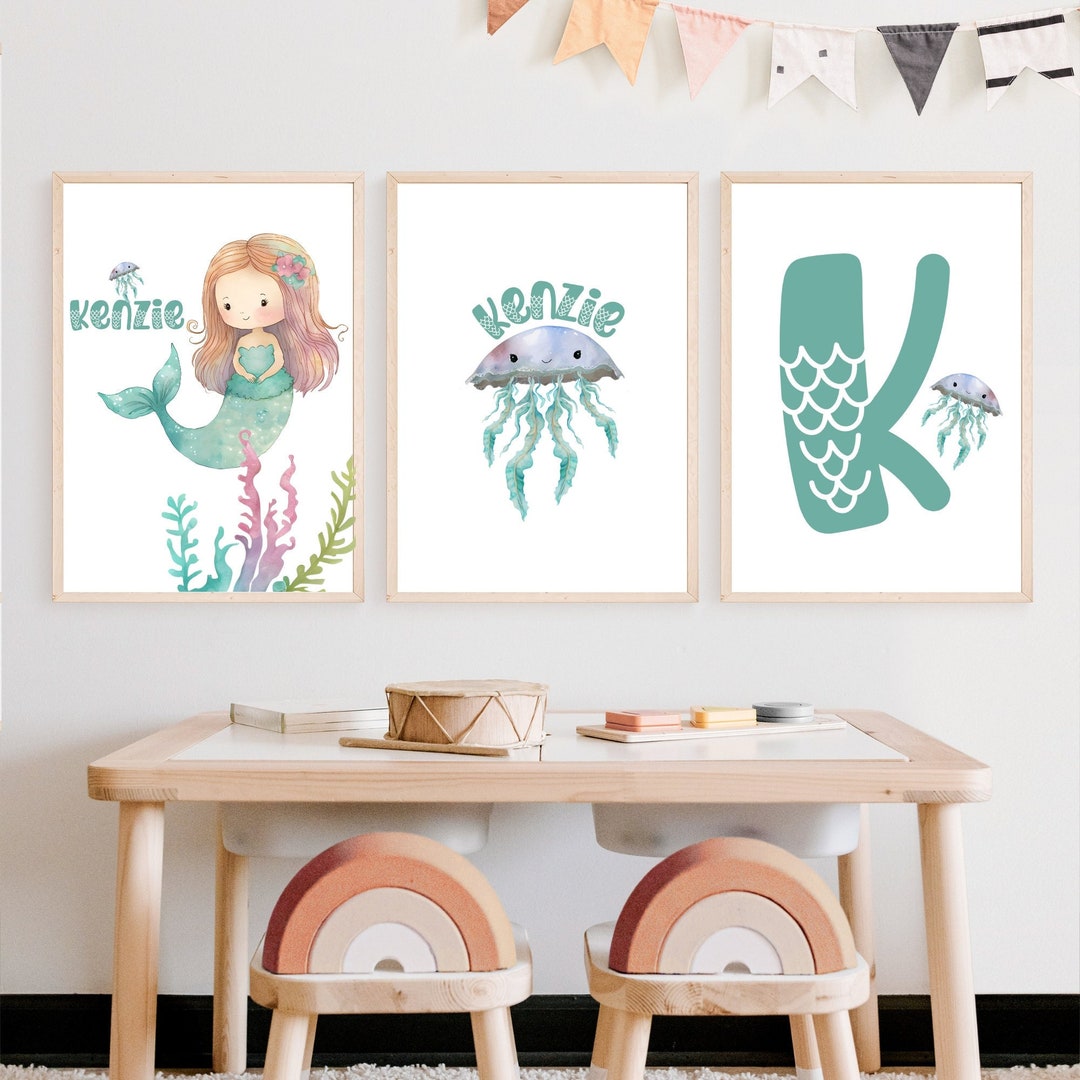 Personalized Mermaid Wall Art Set of 3 Prints, Personalized Mermaid ...
