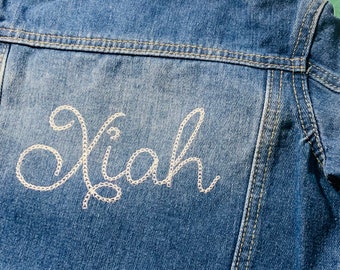 Personalized Embroidered big name baby or toddler denim jean jacket, personalized toddler jean jacket, vintage chain script font