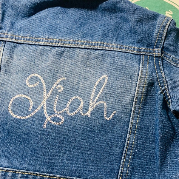 Personalized Embroidered big name baby or toddler denim jean jacket, personalized toddler jean jacket, vintage chain script font