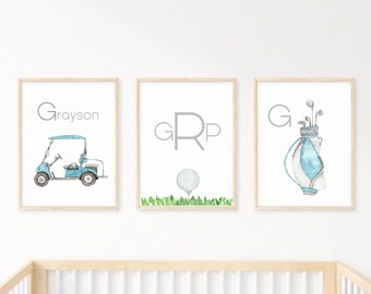 Personalized Golf wall art set of 3 prints, custom personalized golf wall art set, personalized golf cart wall art print with name, golfer