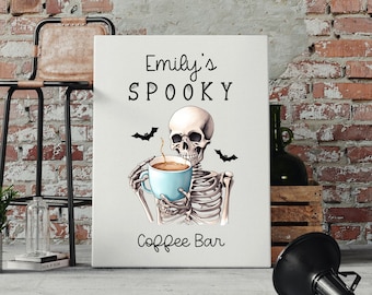 Personalized Skeleton Coffee Bar wall art print, Skeleton Coffee wall art with name, vintage Halloween art, Skeleton wall art print