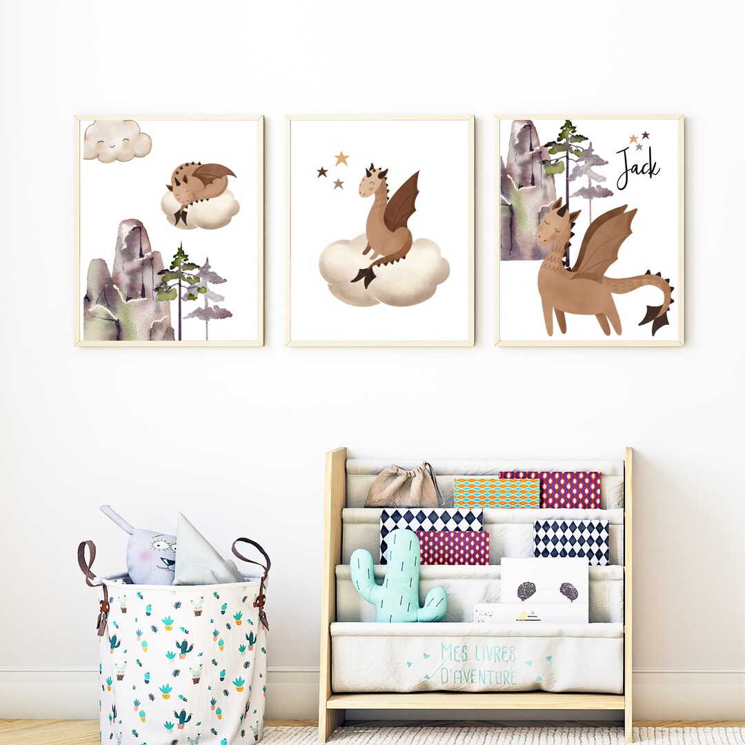 Personalized Dragon Watercolor Wall Art Set of 3 Prints, Personalized ...