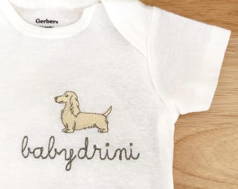 Personalized Embroidered  Cream Long Haired Dachshund ONESIES® brand baby bodysuit, Beige Dachshund baby bodysuit, baby name bodysuit