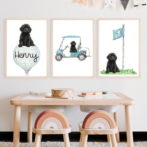 Personalized Golf Black Labradoodle wall art set of 3 prints, golf wall art, black dog, labradoodle art, golf art, black lab wall art