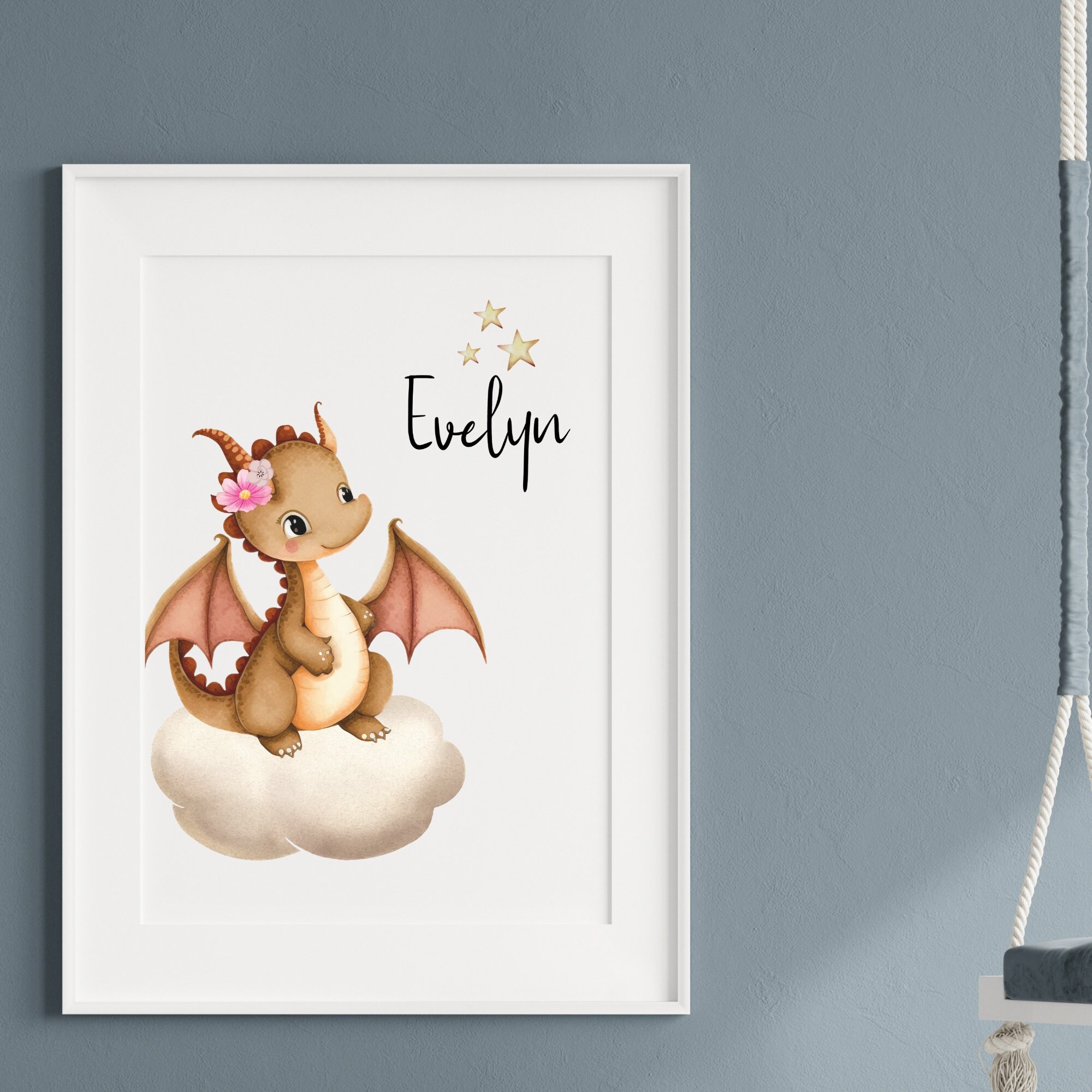 Personalized Floral Dragon Nursery Wall Art Print, Custom Dragon ...
