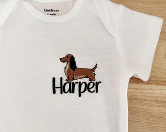 Personalized Embroidered  Long Haired Dachshund ONESIES® brand baby bodysuit, Dachshund baby bodysuit, baby name bodysuit