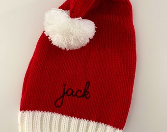 Personalized Embroidered baby Santa hat, knit embroidered baby Christmas sweater Santa hat, Chain stitch font, unisex knit cap pom pom ball