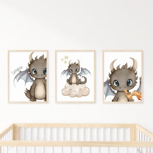 Personalized Cute Dragon watercolor wall art set of 3 prints, Personalized dragon nursery wall art prints with name, dragon nursery decor