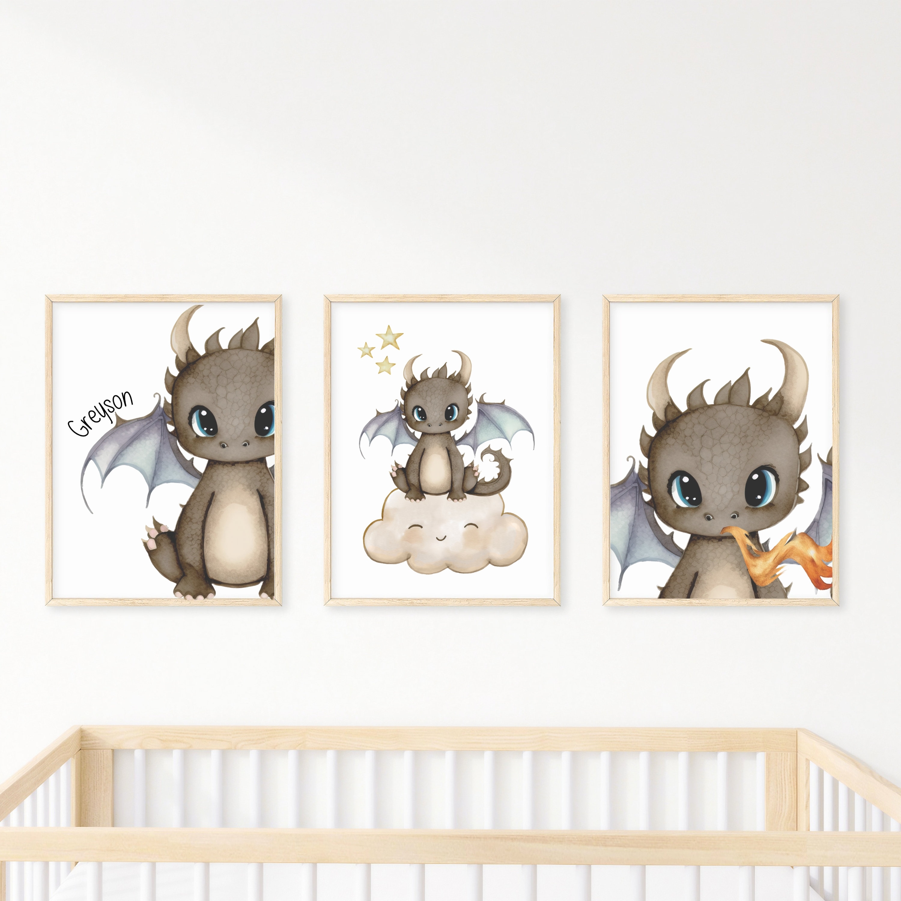 Personalized Cute Dragon Watercolor Wall Art Set of 3 Prints ...