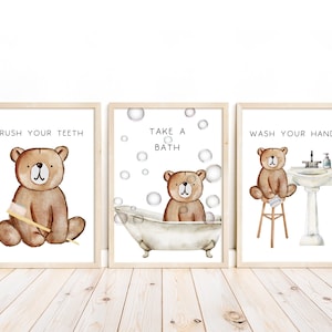 Woodland Bear Kids Bathroom wall art set of 3 prints, Wash Your Hands Kids Bathroom art, Brush Your Teeth wall art, Take A Bath bathroom art
