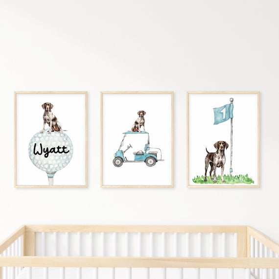 Personalized German Shorthaired Pointer Golf wall art set of 3 prints, German Shorthaired Pointer wall art, dog wall art, golf art, dog art