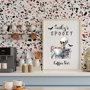 Personalized Skeleton Coffee Bar wall art print, Skeleton Coffee wall art with name, vintage Halloween art, Skeleton wall art print