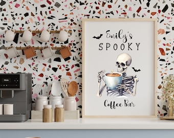 Personalized Skeleton Coffee Bar wall art print, Skeleton Coffee wall art with name, vintage Halloween art, Skeleton wall art print