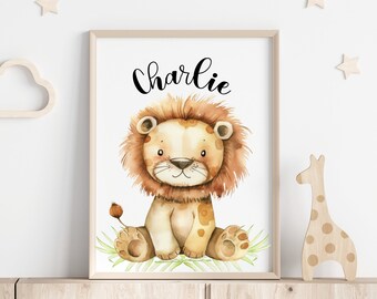 Personalized Cute baby Lion wall art print, baby Jungle Lion wall art print with name, baby name sign, Jungle Lion nursery decor, baby gift