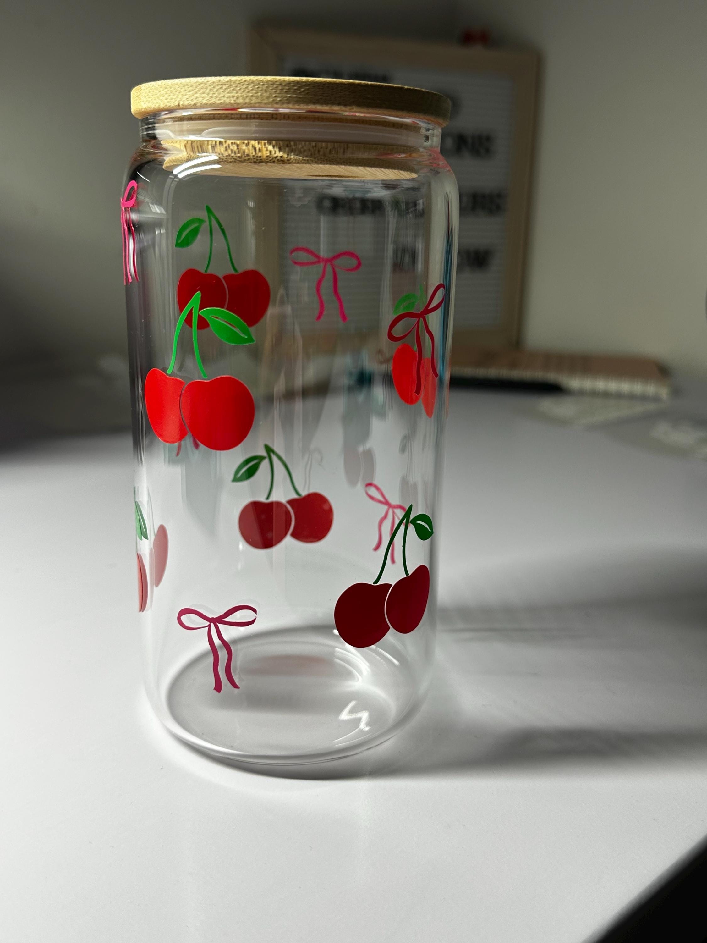 Cherry Coquette Glass Cup Aesthetic Glass Cup With Bamboo Lid & Straw ...