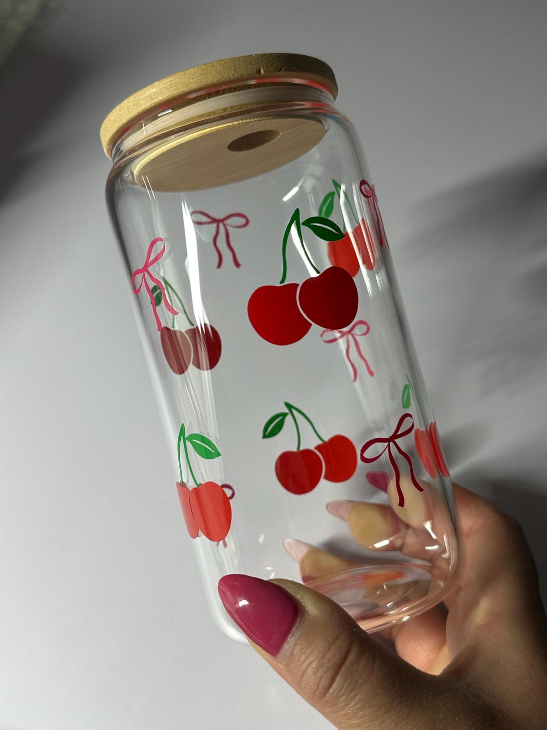 Cherry Coquette Glass Cup Aesthetic Glass Cup With Bamboo Lid & Straw ...