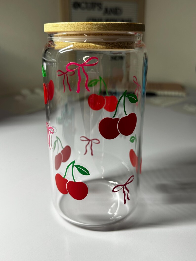 Cherry Coquette Glass Cup Aesthetic Glass Cup With Bamboo Lid & Straw ...