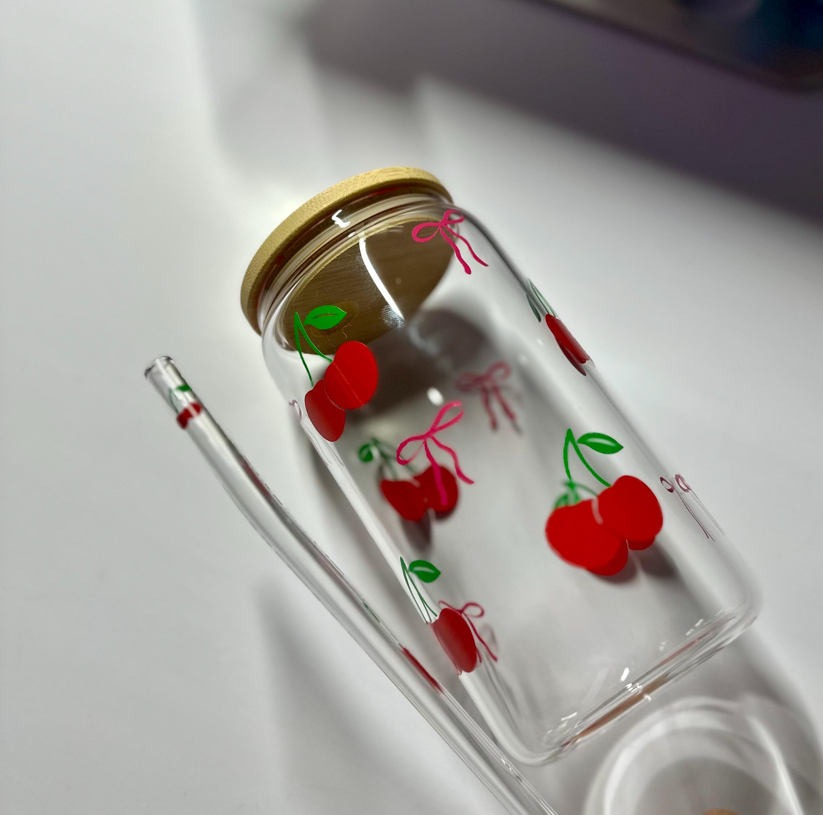 Cherry Coquette Glass Cup Aesthetic Glass Cup With Bamboo Lid & Straw ...