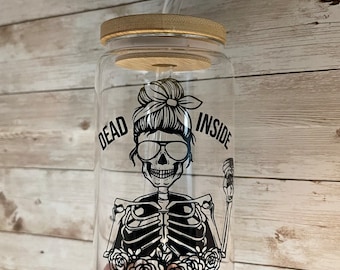 Dead inside but caffeinated glass cup skeleton cup coffeine lover Funny Skeleton Coffee Cup