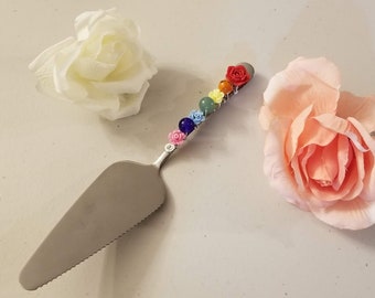 8.5" Long Beaded Pie Server,  Wire Wrapped Beaded Cake server, Wire Wrapped Beaded Rainbow Cake Server, Pie/Cake Server Rainbow, LGBTQ