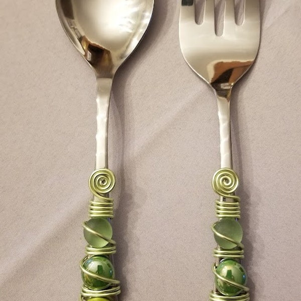 Wire & Beaded Wrapped Salad Server Set, Hostess Gift, Large Fork and Spoon Set