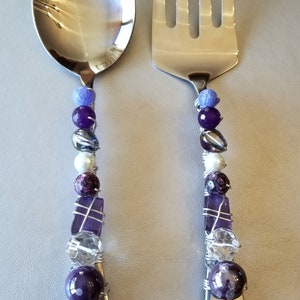 Wire & beaded wrapped large salad server set of 2, large fork and spoon wire wrapped, hostess gift