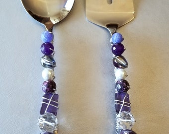Wire & beaded wrapped large salad server set, large fork and spoon wire wrapped, hostess gift
