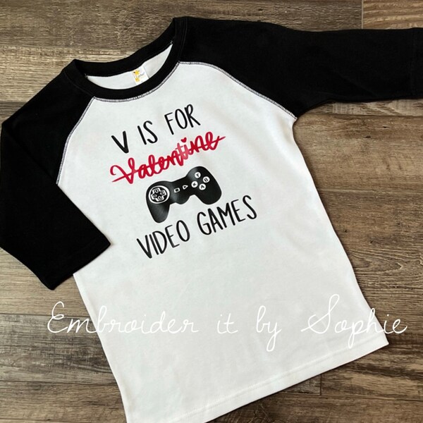 Kids Toddler Valentine Shirt Top/Boy Girls Raglan Tee Shirt/V is for Video Games/Gamer Shirt/Valentine Hearts/Game Controller