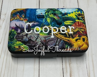 Personalized Kids School Pencil Box Case/Art Supplies Sticker Box/Dinosaur T-Rex Brontosaurus Triceratops/Crayon Storage Box Container
