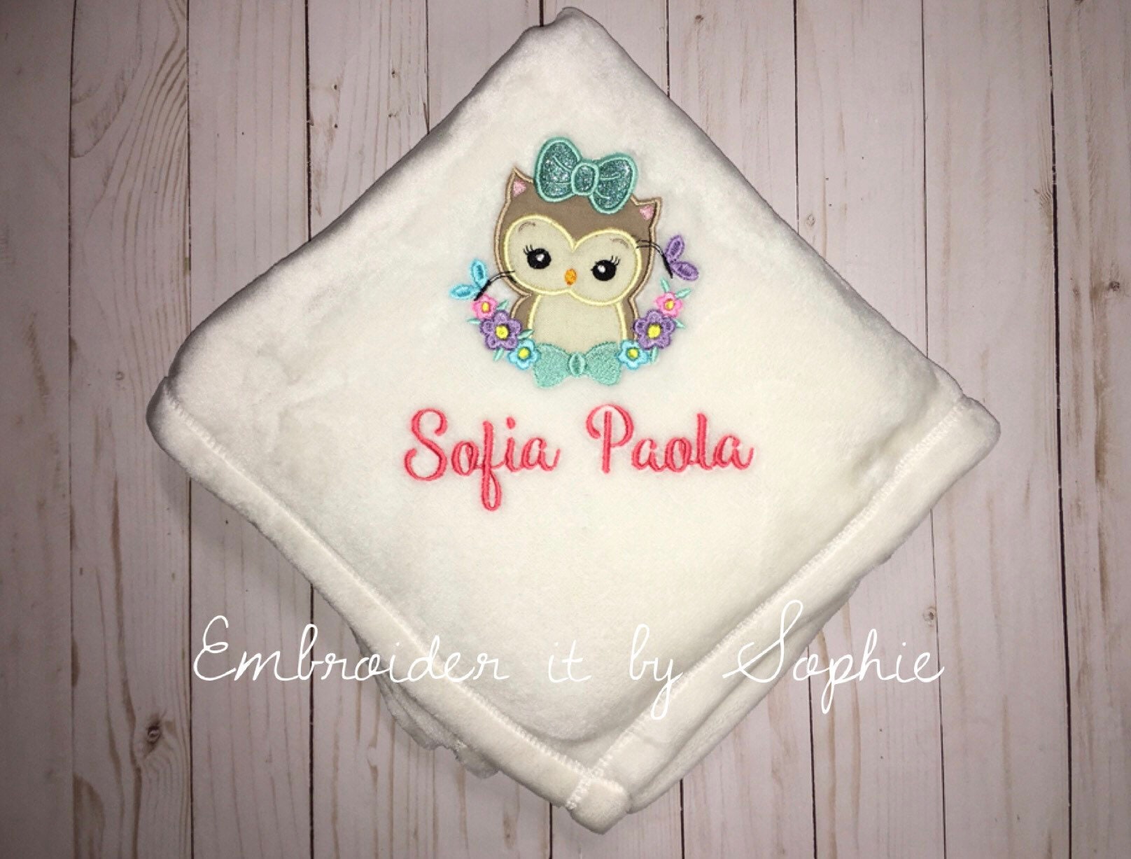 Personalized Baby Girl Owl Flowers Blanket/Baby Shower Gifts/Woodland Forest Nursery/Embroidered Hos