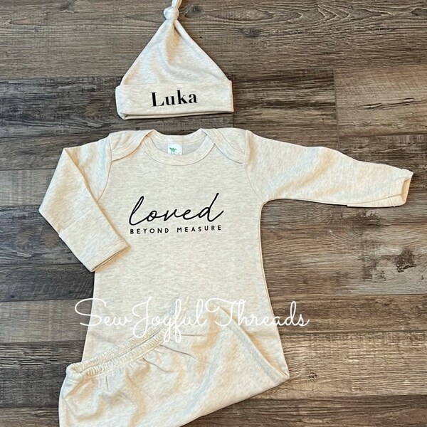 Loved Beyond Measure Gown Set/Personalized Baby Gown and Hat/Hospital Outfit/Baby Shower Gift/Baby Announcement/Religious gifts