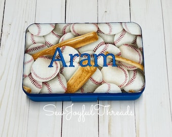 Personalized Kids School Pencil Box Case/Art Supplies Sticker Box/Crayon Storage Box Container/Baseball Sports Ball Bat