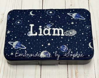 Personalized Kids School Pencil Box Case/Art Supplies Sticker Box/Crayon Storage Box Container/Outer Space Galaxy/Moon Stars Planets