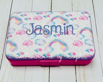 Personalized Kids School Pencil Box Case/Art Supplies Sticker Box/Crayon Storage Box Container/Pastel Rainbow Stars Clouds