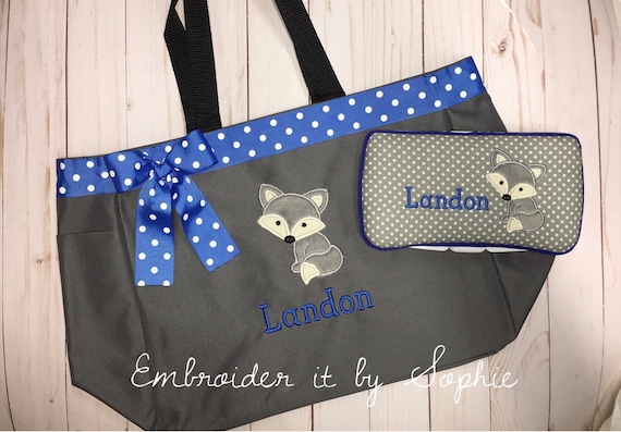 Personalized Baby Boy Gray Fox Tote Bag Wipe Case Set/baby Shower