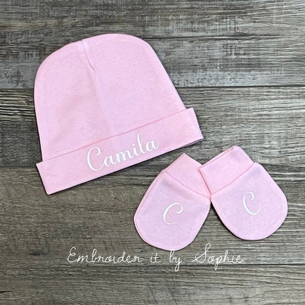 Personalized Baby Beanie/Infant Newborn Hat & Mittens Set/Hospital Pictures/Baby Shower Gift Boy Girl/Baby Announcement