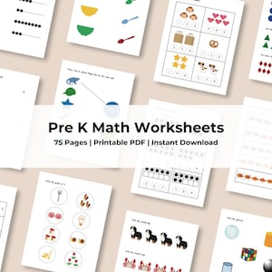 Può includere: Una raccolta di fogli di lavoro di matematica per la scuola materna, con vari esercizi. I fogli di lavoro includono attività di conteggio, abbinamento e riconoscimento delle forme. Il testo "Pre K Math Worksheets" è visualizzato, insieme a "75 Pages | Printable PDF | Instant Download".